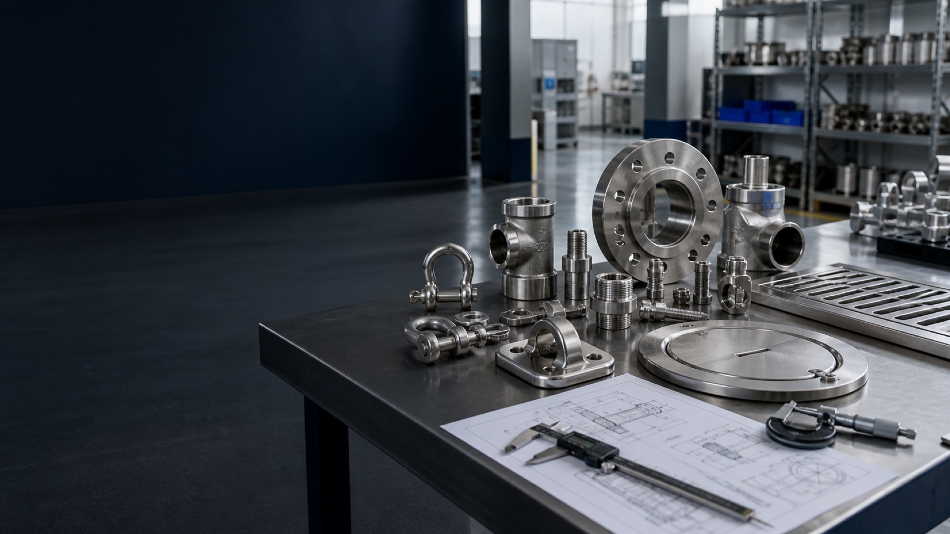 AODSON stainless steel industrial components with engineering drawings and inspection tools