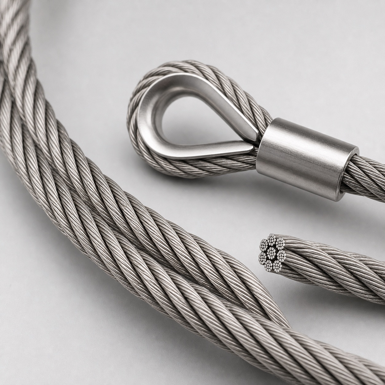 Stainless steel wire rope strand and swaged thimble eye detail